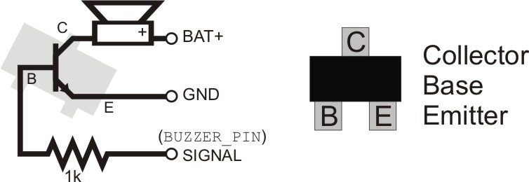 When the signal from BUZZER_PIN is sent to the Base pin of the transistor, power from BAT+ is allowed to flow through the speaker(+ to -) into the transistors Collector pin and out of the Emitter to GND.